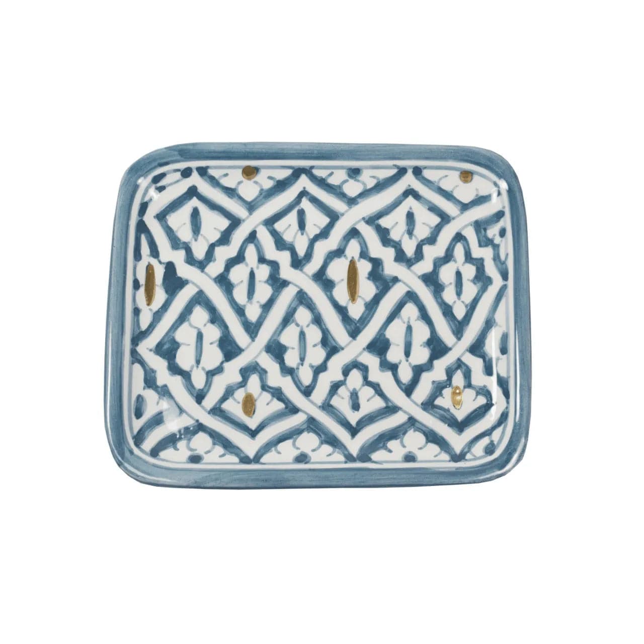 Petit plateau en céramique bleue avec motifs dorés, fabrication artisanale marocaine